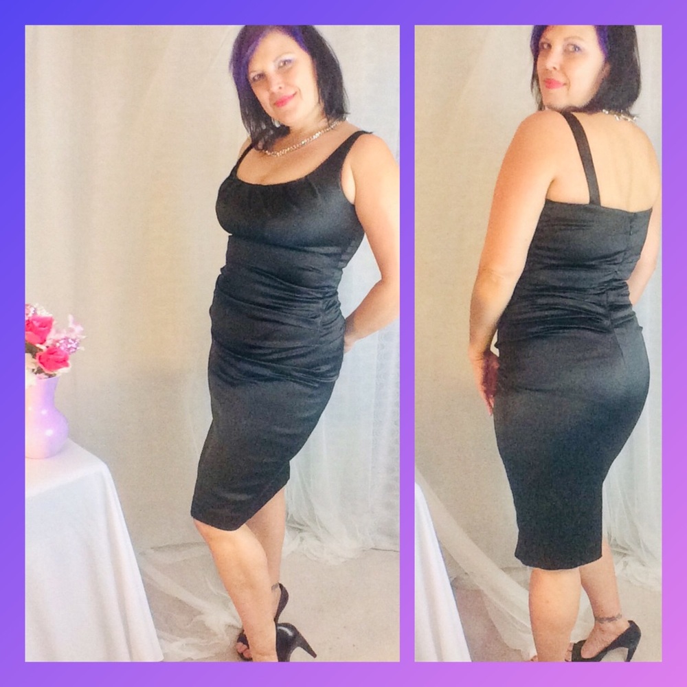 Suzi Chin for Maggy designer Black Satin formal cocktail Dress